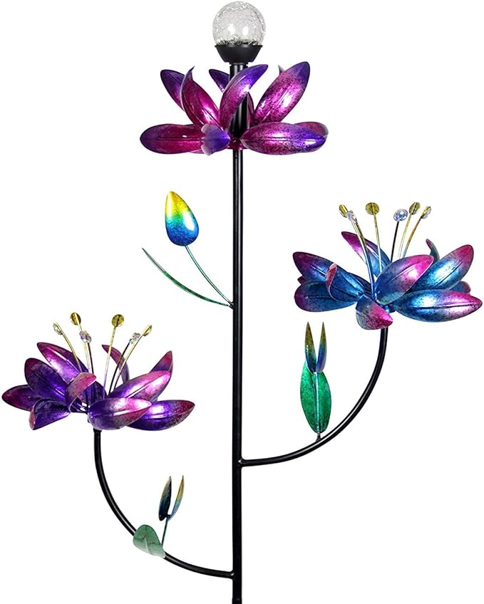 Exhart Garden Solar Lights, Lotus Flower Wind Spinner Garden Stake with Color Changing LED Crackle Ball and 3 Flowers, Outdoor Garden and Yard Decor, 20.5 x 70 Inch