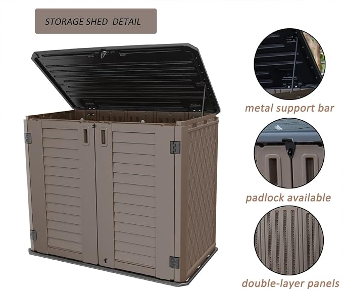 Horizontal Resin Storage Shed, 34 Horizontal Cu.ft Outdoor Storage Cabinet Waterproof for Garden/Backyard/Home/Pool, Lockable(34 Cu.ft-Brown)