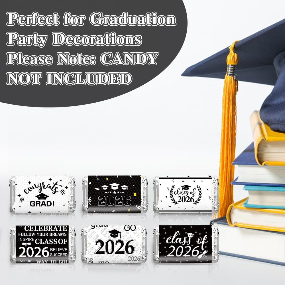 Graduation Party Decorations 2025 Graduation Label Stickers, 240PCS Congrats Grad Mini Black White Candy Wrapper Class Of 2025 Chocolate Bar Sticker