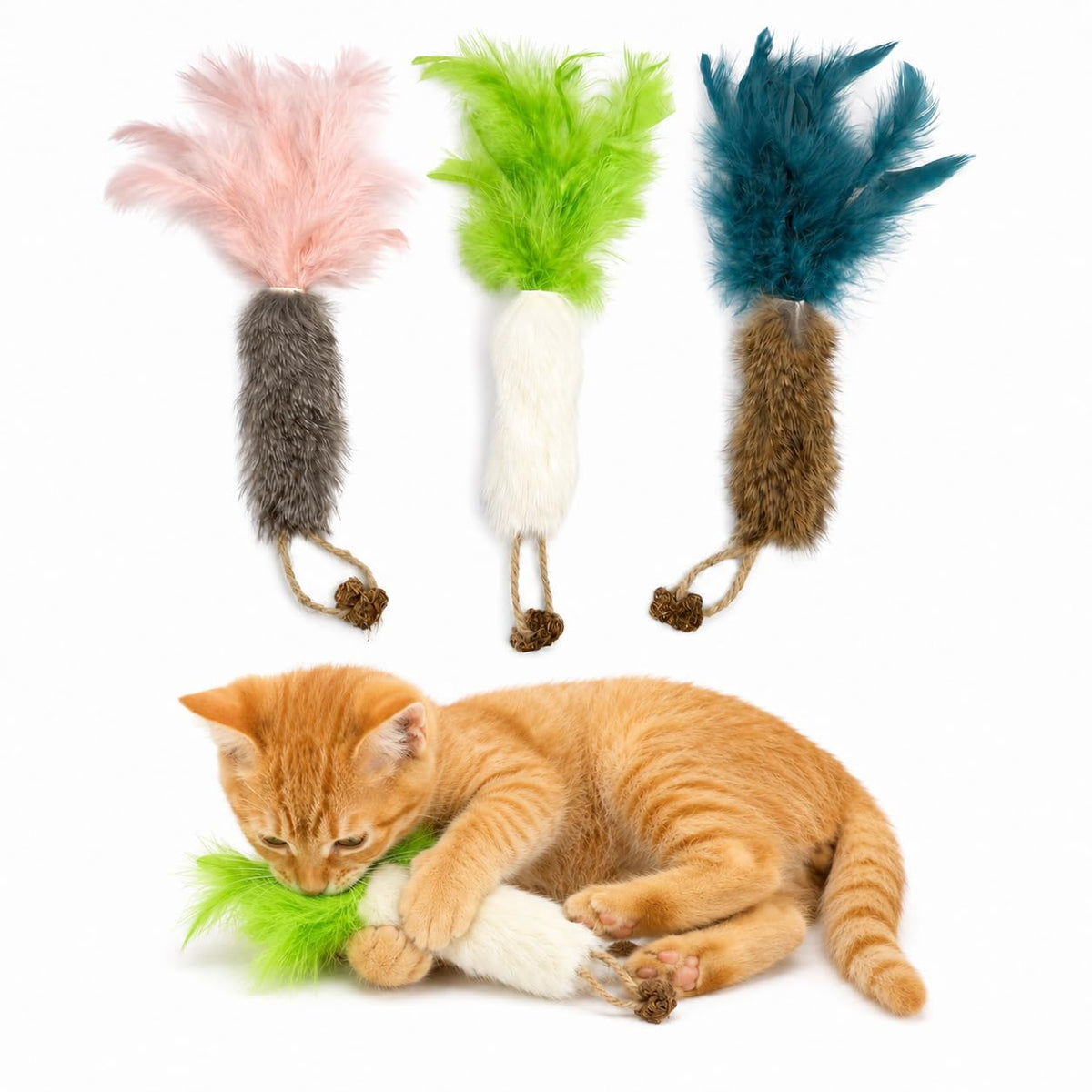 ZAYLUMO 3 Pack Rabbit Fur Catnip Toys with Feathers – Interactive Carrot Cat Toys with Galls Fruit for Indoor Cats and Kittens