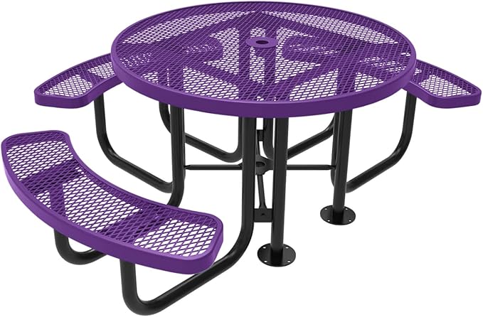 Heavy-Duty Portable Outdoor Picnic Table with Umbrella Hole, Expanded Metal Patio Dining Furniture Made in America (46" Round Top, Purple)