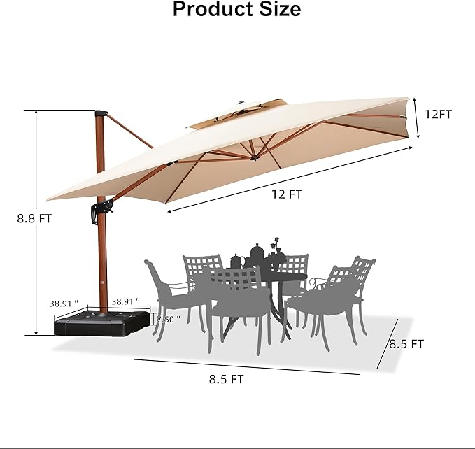 PURPLE LEAF 12ft Patio Umbrella with Base Outdoor Square Umbrellas Large Cantilever Umbrella Windproof Offset Umbrellas Heavy Duty Sun Umbrella for Garden Deck Pool Patio, Beige