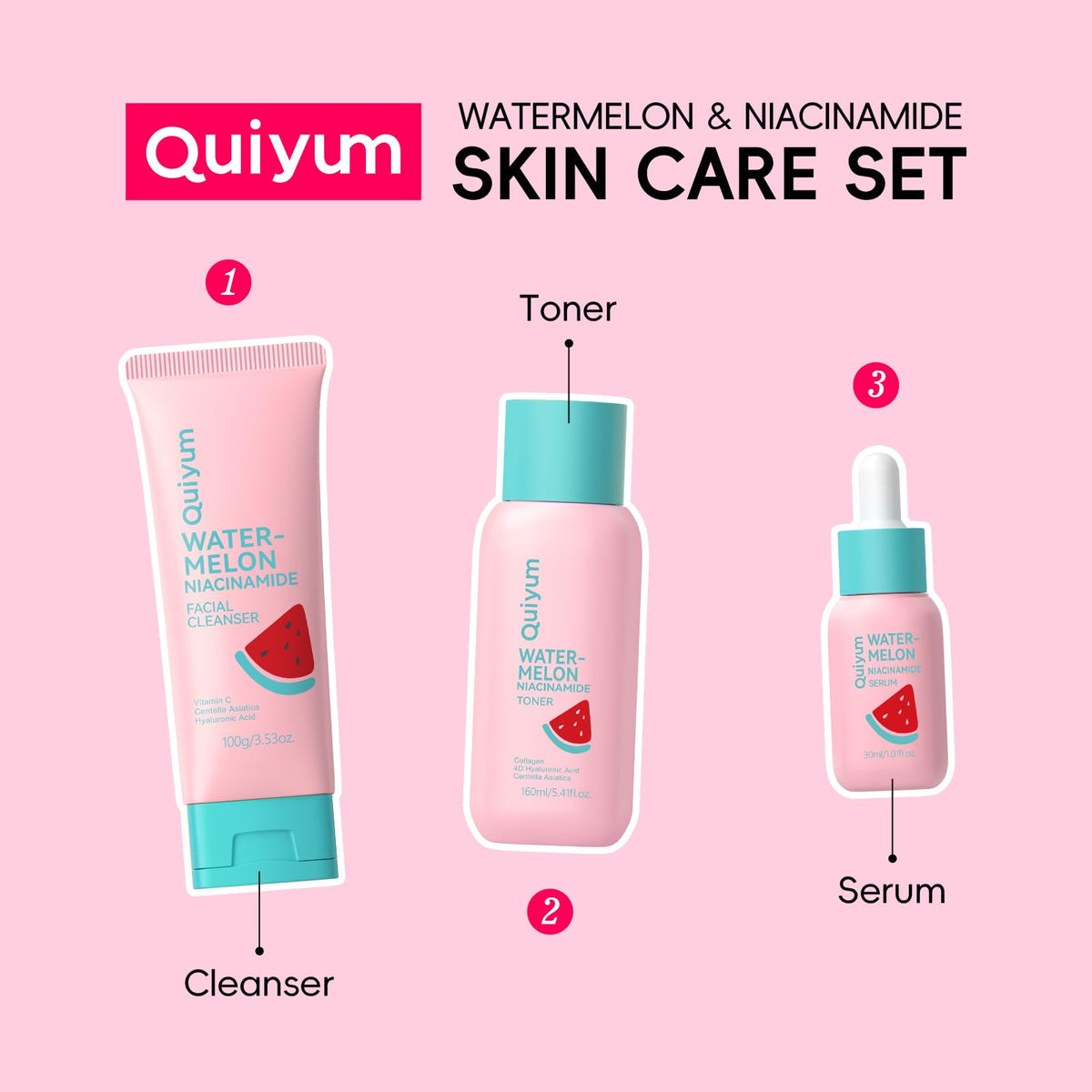 QUIYUM Watermelon & Niacinamide Skincare Set for Women Teens Girls, 3PCS