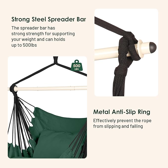 Highwild Hammock Chair Hanging Rope Swing - Max 500 Lbs - 2 Cushions Included - Steel Spreader Bar with Anti-Slip Rings - for Any Indoor or Outdoor Spaces (Green)