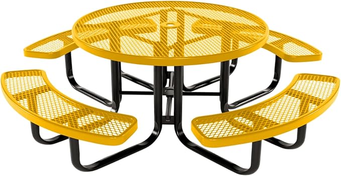 Heavy-Duty Portable Outdoor Kids Table with Umbrella Hole, Expanded Metal Kids Picnic Table, Commercial-Grade, Made in America (46 in, Round, Childrens, Textured Yellow)