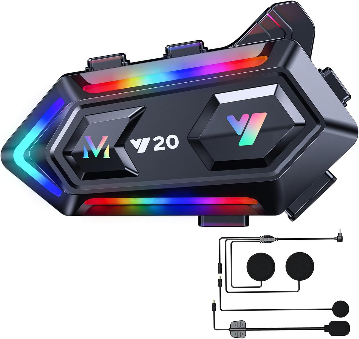 Motorcycle Helmet Bluetooth Headset, Cool RGB Dazzling Lights Motorbike Helmet Speaker Double Noise Cancellation Intercom Communication Systems with IPX6 Waterproof/Strong Bass for Dirt Bike
