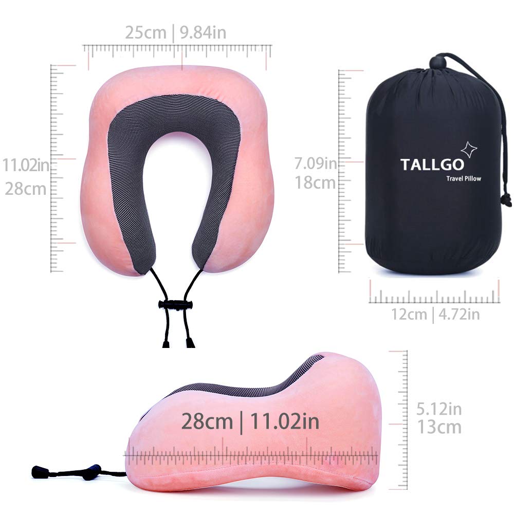 TALLGO Travel Pillow, Best Memory Foam Neck Pillow Head Support Soft Pillow for Sleeping Rest, Airplane Car & Home Use (Pink)