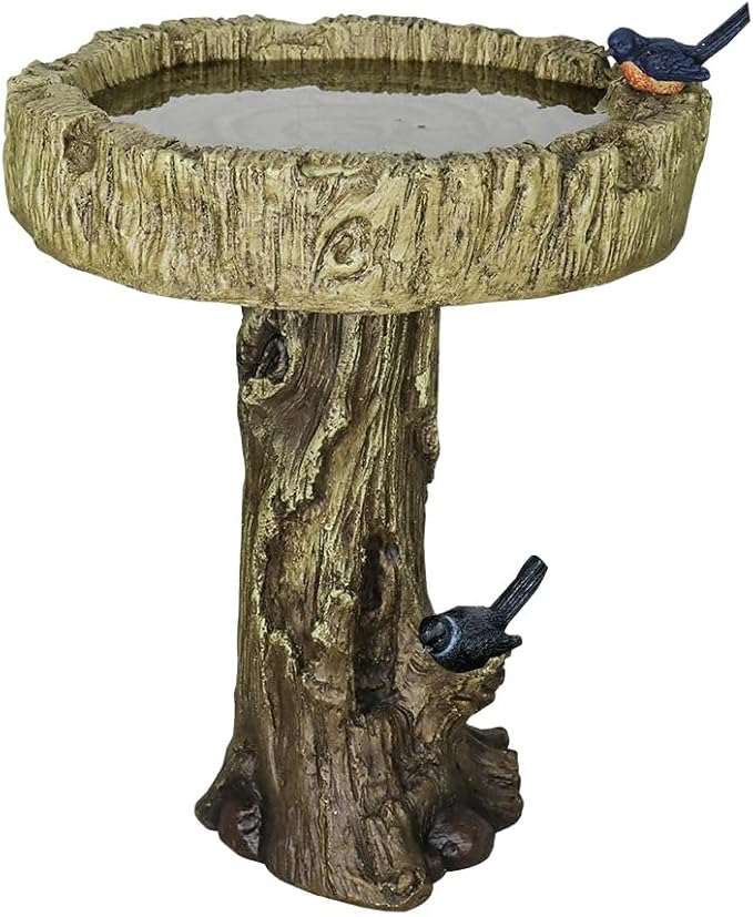 SunJet 24.4 Inch Heigh Wood-Look Concrete Bird Bath with Decorative Faux Bird – birdbath Rustic & Long-Lasting Design, Enhances Garden, Patio, Yard, Lawn Décor
