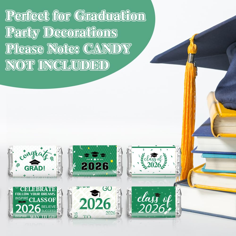 Graduation Party Decorations 2026 Graduation Label Stickers, 120PCS Congrats Grad Mini Green White Candy Wrapper Class Of 2026 Chocolate Bar Sticker
