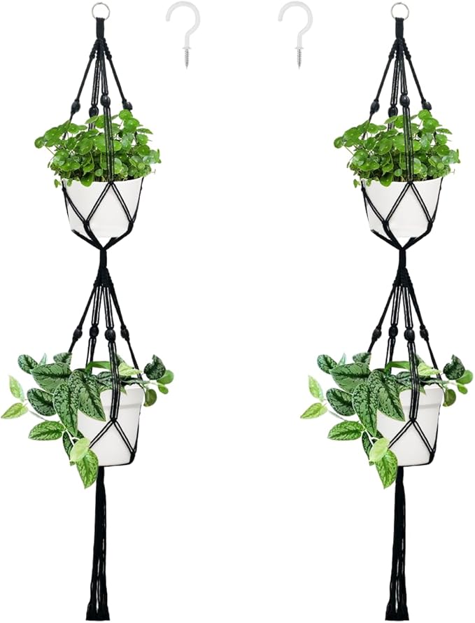 Belit 2 Pack Double Macrame Plant Hangers 2 Tier Hanging Planter Basket Decorative Flower Pot Holder Rope for Indoor Outdoor Home Decor 51 Inch, Black