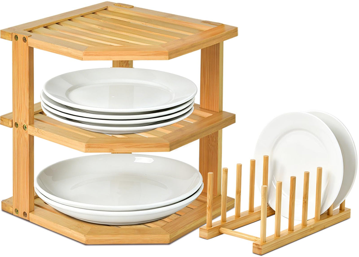 Bamboo Plate Organizer for Cabinet Set,3 Tier Corner Shelf & Plate Holder