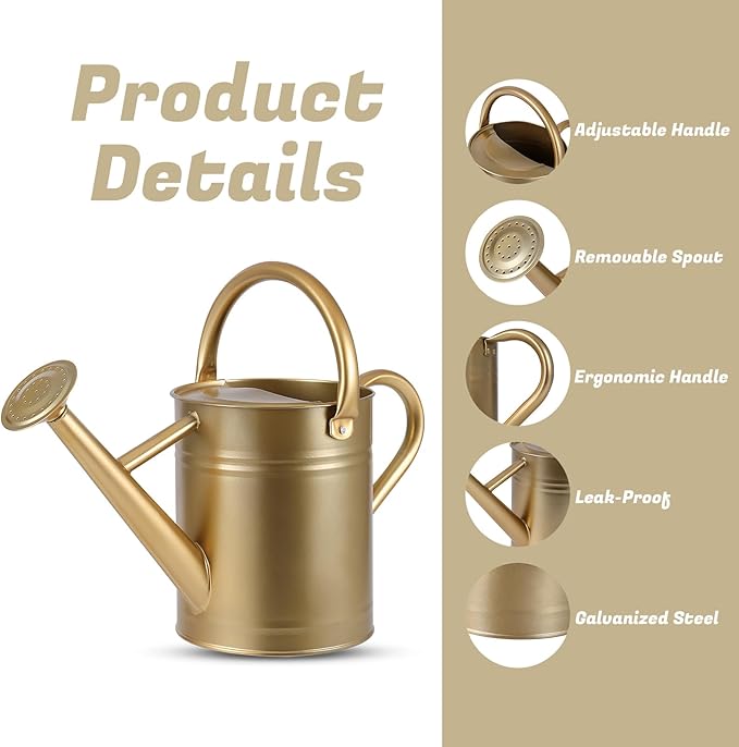 1 Gallon Watering Can for Plants, Watering Cans for Indoor&Outdoor Gardening, Galvanized Steel Watering Pot with Removable Spout, Metal Water Can with Ergonomic Movable Handle(Gold)