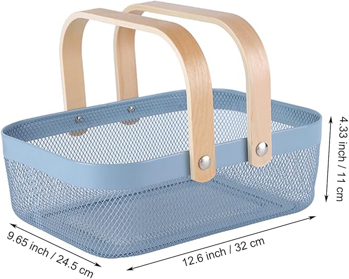 Metal Mesh Steel Basket, Storage Organizer Baskets Garden Harvest Basket Multi-functional Kitchen Fruit Baskets Bin with Wooden Handle for Bathroom Picnic Shopping Decor Cabinet Home, Blue