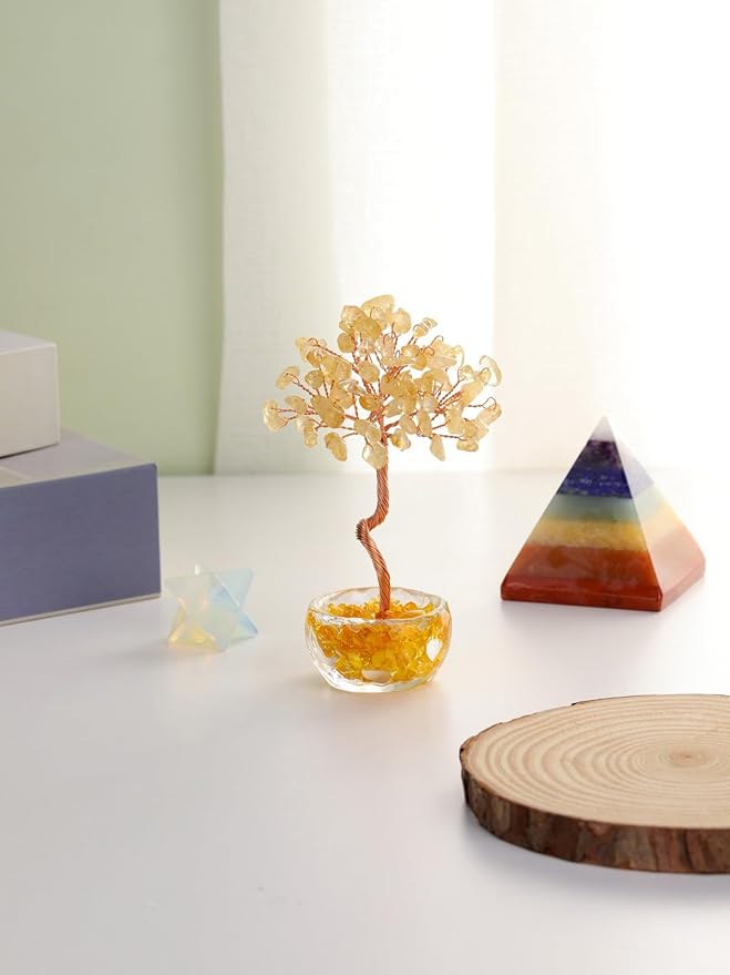 Jovivi Small Citrine Crystal Tree, Natural Crystal Healing Stones Tree Glass Bowl Base Gemstone Money Trees Feng Shui Good Luck Home Desk Decor