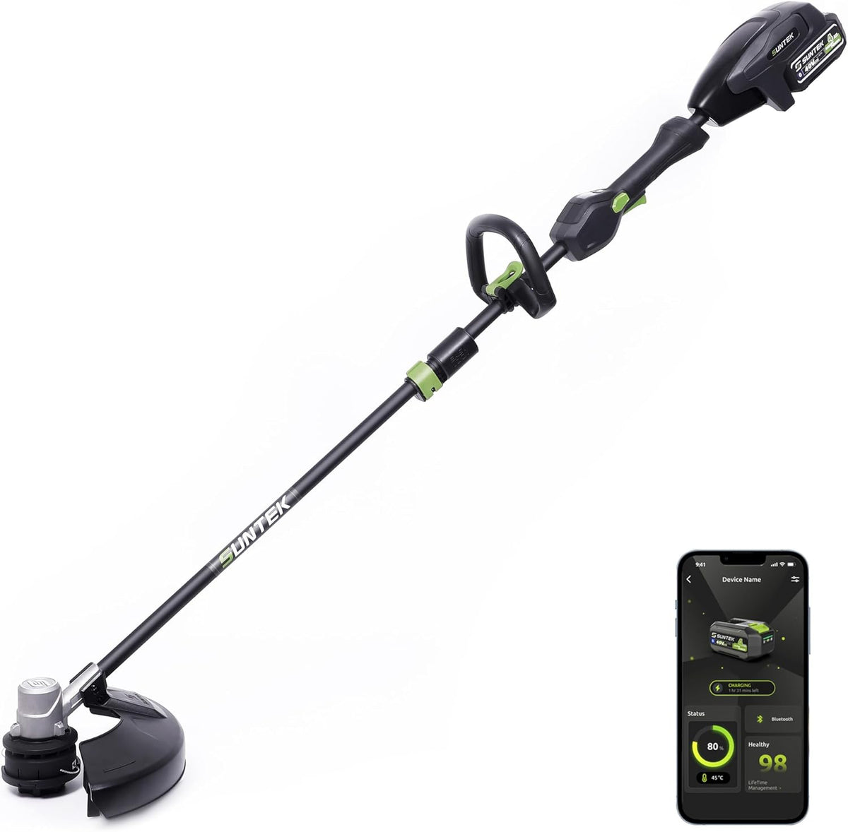 SUNTEK Electric String Trimmer Edger, 40V 15-Inch Brushless String Trimmer Cordless with 4.0Ah Battery and Fast Charger Included, 2-Speed Levels, Integrated Screen and APP Connection, Aluminum, Black