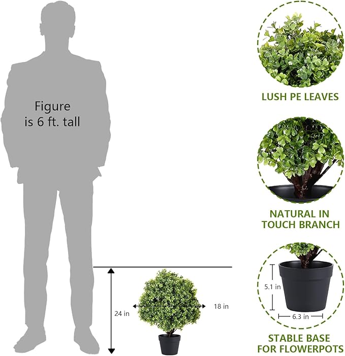 THE BLOOM TIMES 2ft Faux Boxwood Plants Outdoor Set of 2, Topiary Balls Artificial Outside Trees, 24" UV Resistant Fake Greenery Bushes & Shrubs for Front Porch Planter