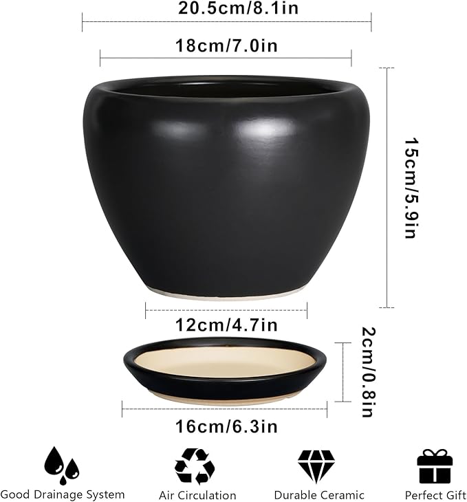 Ceramic Planter Pot - 8 Inch Plant Pot with Drainage Hole and Saucer Round Planter for Indoor Plants Modern Outdoor Flower Pot for House Balcony Black
