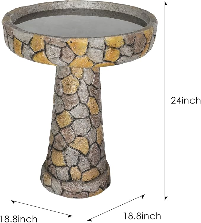 SKYFIRE Stone Like Outdoor Bird Bath - Concrete Freestanding Patio Birdbath with Pedestal for Garden, Patio, Yard, Lawn - 18.8”L X 18.8”W X 24”H Rustic Faux Stone Pedestal Outdoor Garden Birdbaths