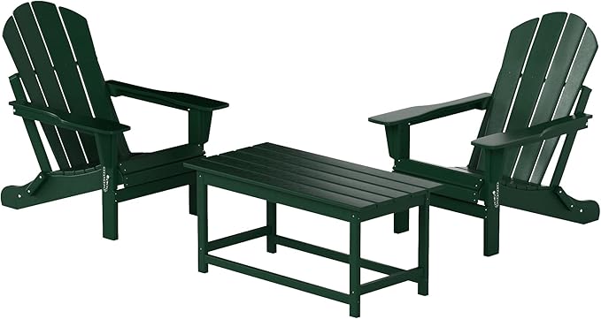 WO Home Furniture Adirondack Chairs Table Set of 3 PCS Outdoor Folding Chairs Coffee Table Weather/UV Resistant for Lawn, Garden, Bon Fire, Balcony (Dark Green)