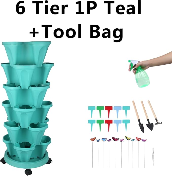 Vertical Planter, 6 Tier Stackable Strawberry Planter with Garden Tool Set, Movable Indoor/Outdoor Garden Herb Pot for Growing Vegetables and Succulents, Teal