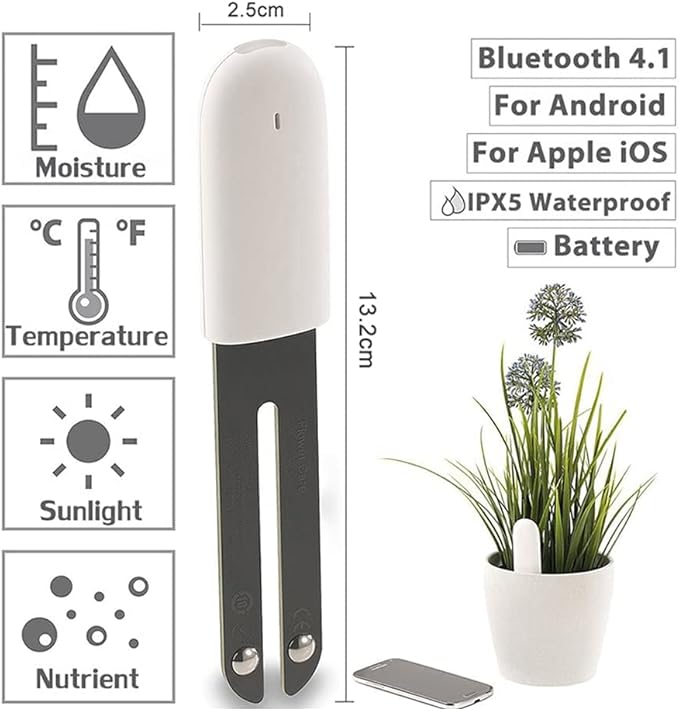 Soil Moisture Meter 4 in 1,Plant Water Monitor,Automatically detect Moisture/Temperature/Light/Fertility,Can Connect to Mobile Phone via Bluetooth,Hygrometer Sensor for Indoor Plants (1pc)