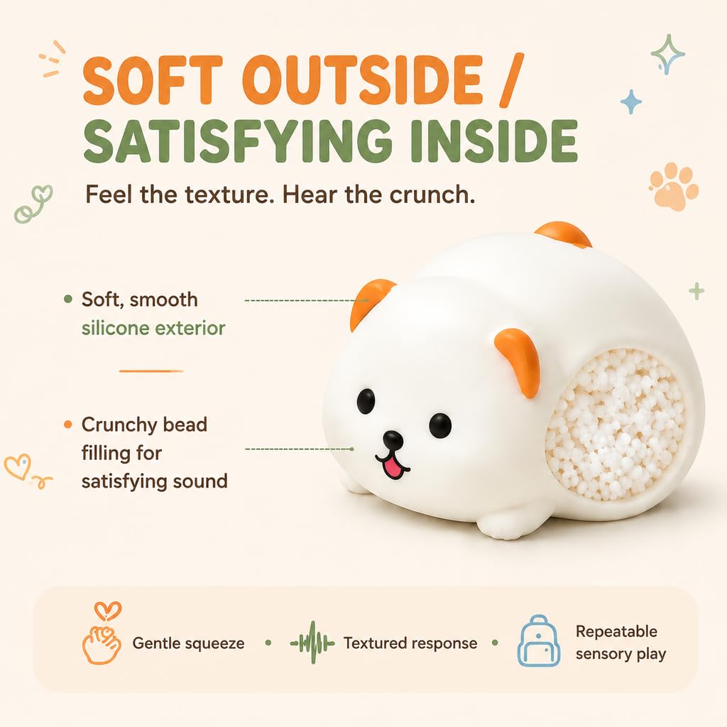 Crunchy Puppy Squishies ASMR Toy, Soft Silicone Desk Accessory, Bead-Filled