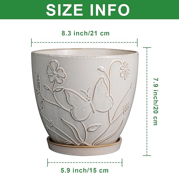 8 Inch Ceramic Pots for Plants Large Planter Pot with Drainage Hole and Saucer Round Flower Pot for Indoor Outdoor Decor, White