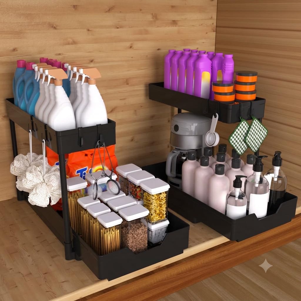 NATURE'S SOURCE 2 Pack Under Sink Organizer 2 Tier Sliding Cabinet Organizers Multi-Purpose Sink Storage Basket L-Shape Narrow Space Storage Shelves with 4 Hook for Kitchen Bathroom Drawer, Black