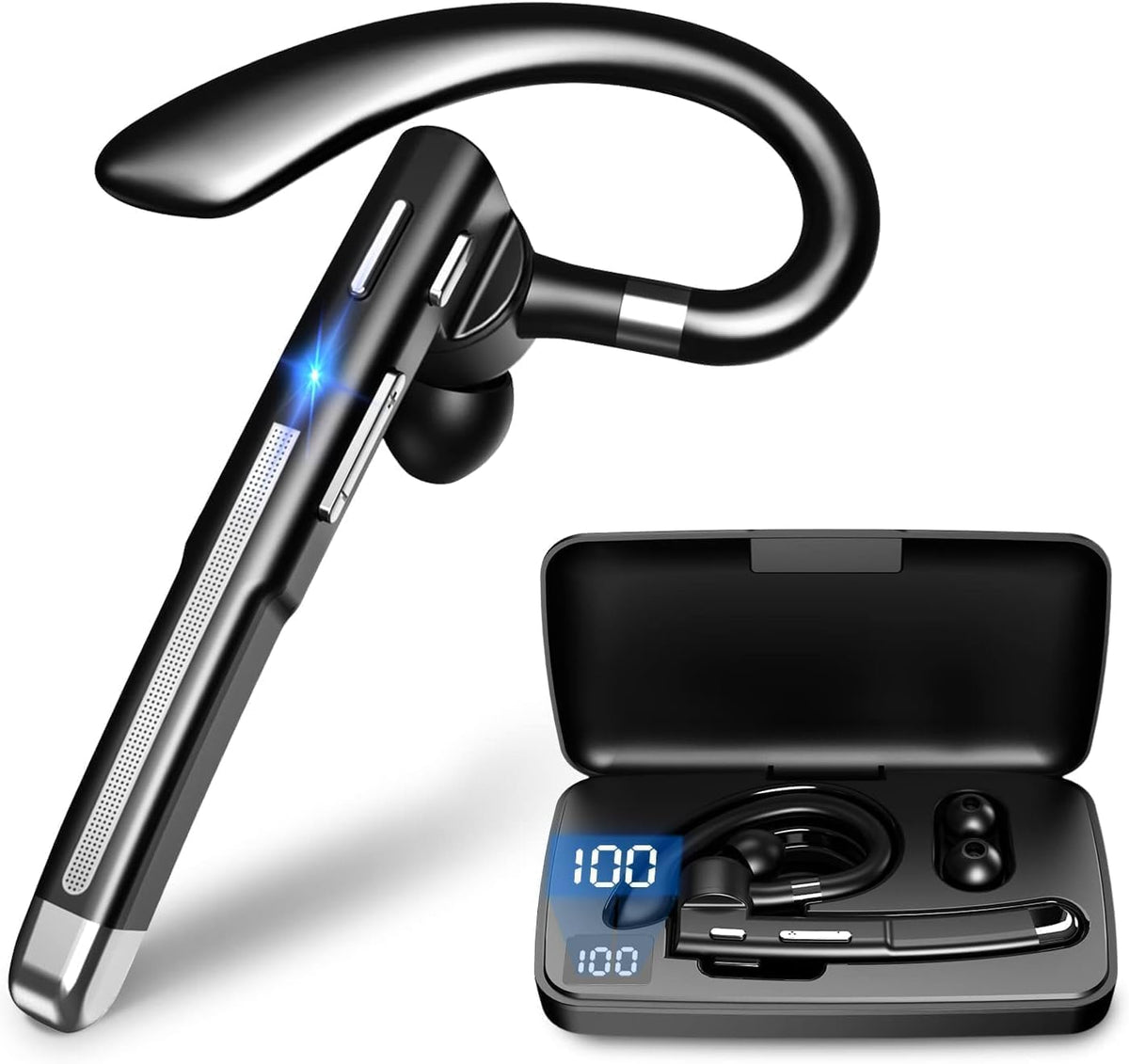 Bluetooth Headset V5.3,100 Hrs Talk Time Single-Ear Earphone, CVC8.0 Noise Cancelling Wireless Earbud, Business Earbud with 500 mAh Charging Case, Hands-Free Earpiece for Trucker/Home/Office Work