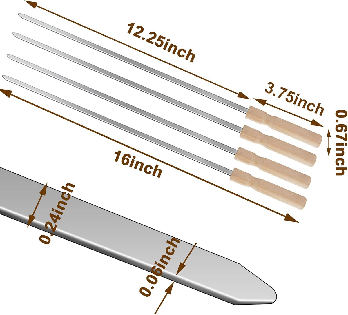 10 Pcs Kabob Skewers, 16IN Metal Skewers for Grilling, Premium Stainless Steel Flat Kebabs, with Wooden Handles Insulated Reusable BBQ Set