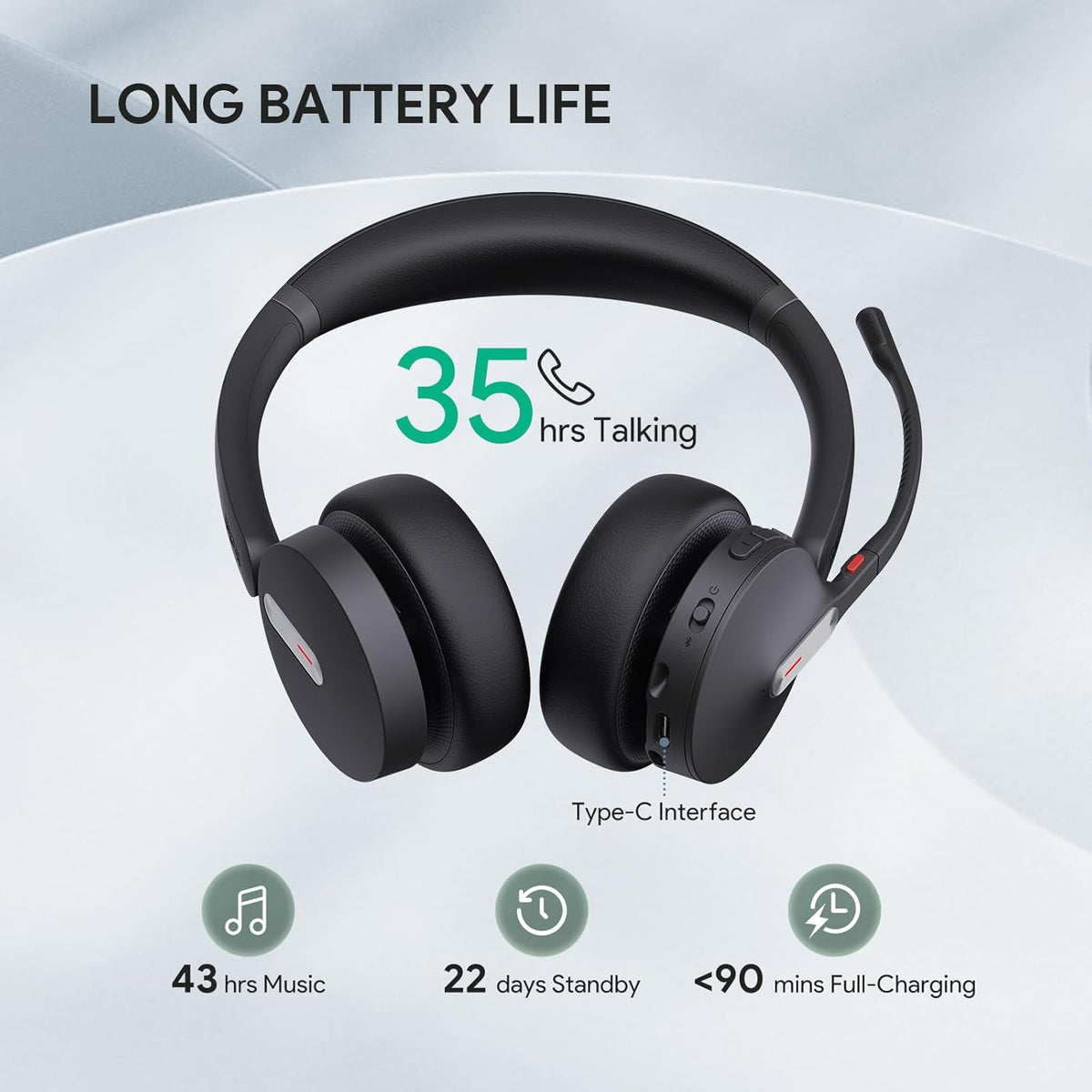 Yealink BH70 with Stand, Wireless Bluetooth Headset with Microphone for Work, Up to 35 Hours Talk Time, Teams Certified, ≤90 Minutes Quick Charging, USB-C/A Adapter, No Power Adapter Required