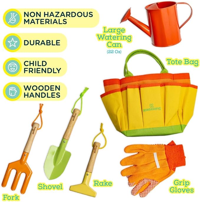Gardening Set, Tool Kit, for Kids, STEM, Includes Tote Bag, Spade, Watering Can, Rake, Fork, Trowel and Gloves (Sunshine)
