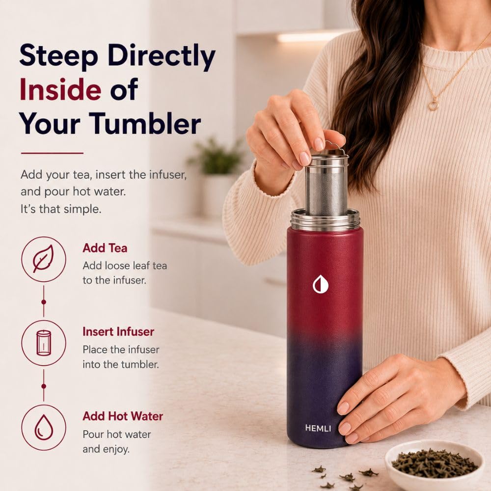 HEMLI 22 oz Ceramic Lined Tea Infuser Travel Tumbler, Micro-Mesh Stainless Steel Infuser, Pure Taste Ceramic Interior, Triple Insulated 12hr Hot Cold, Dual Sip & Straw Lid, Scratch-Resistant