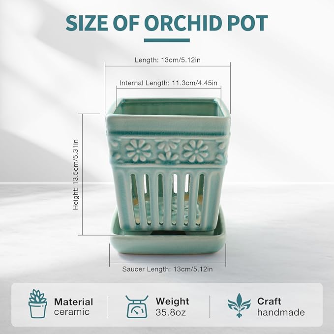 Orchid Pots with Holes | 5" Ceramic Orchid Planter with Separate Saucer and Drainage Holes | Crackle Glazed Pottery Small Flower Pot for Repotting Orchids（Blue）