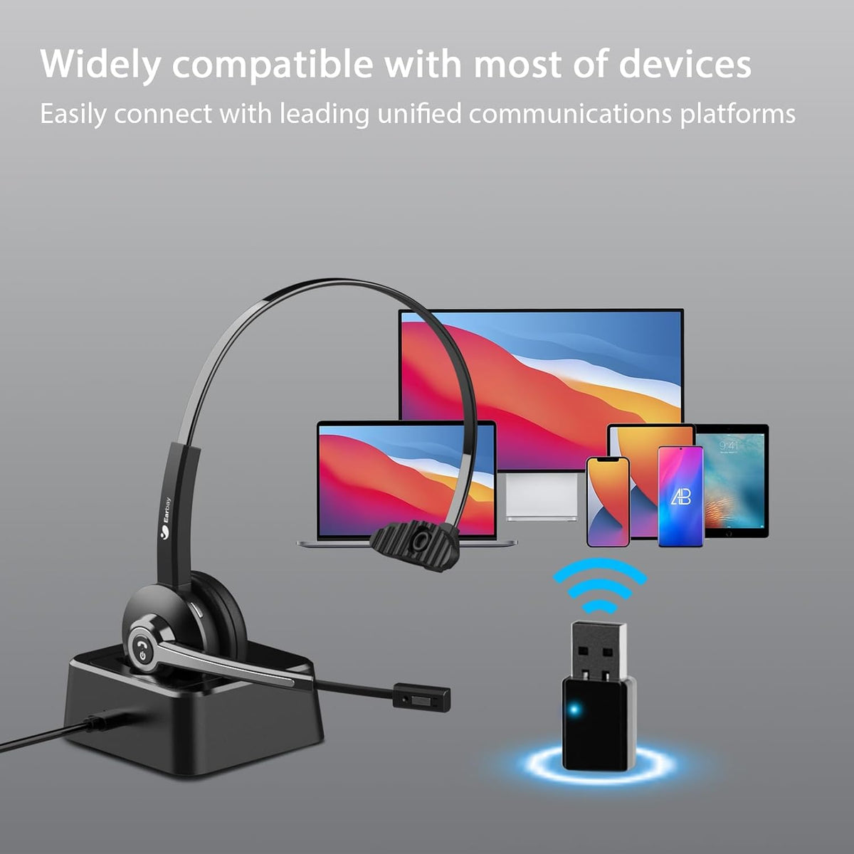 Earbay Trucker Bluetooth Headset, Wireless Headphones with Mic Mute & USB Dongle, Wireless Headset with Microphone Noise Canceling & Charing Base for Work/PC Computer/Phones/Office/Meeting