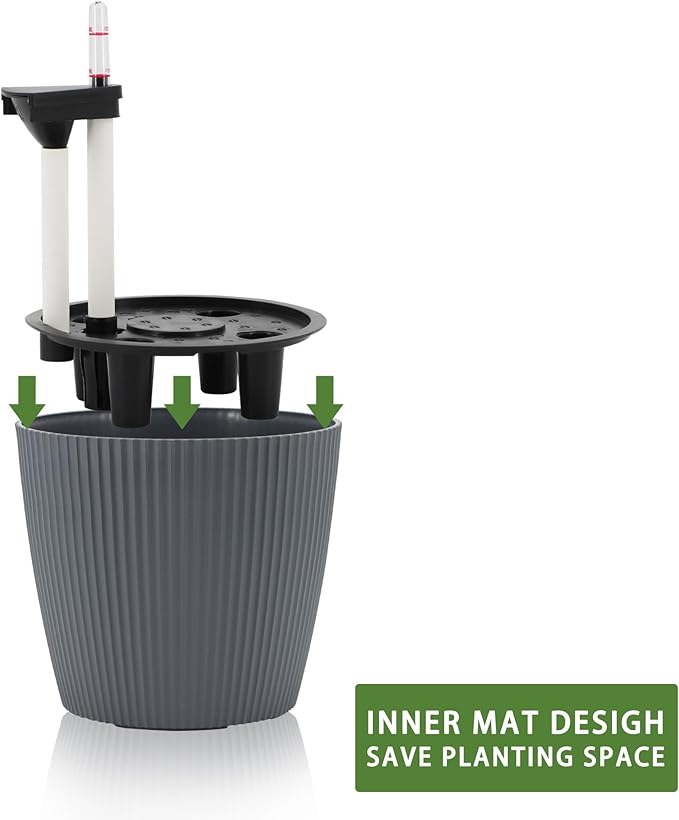 Dexceder 11x10 Self Watering Planters Indoor, Inner Mat Design, Table Flower Plant Pot with Water Level Indicator (2 Pack, Gray)
