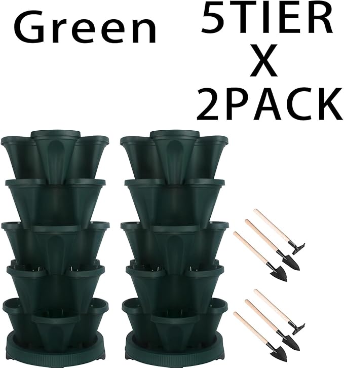 Vertical Planter 5 Tier Stackable Planters Garden Planters Strawberry Herb Flower and Vegetable Planter Indoor Outdoor Gardening Pots with Removable Wheels and Tools 2-Pack