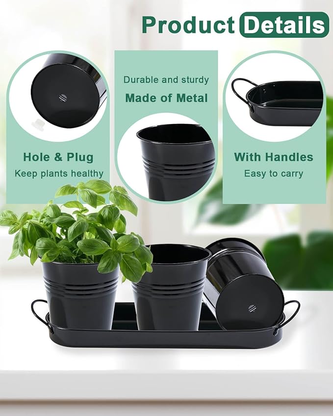vensovo Indoor Herb Planter Set - Galvanized Windowsill Garden Pots with Tray & Drainage, Set of 3 Metal Window Planters for Kitchen & Outdoor Use, Black