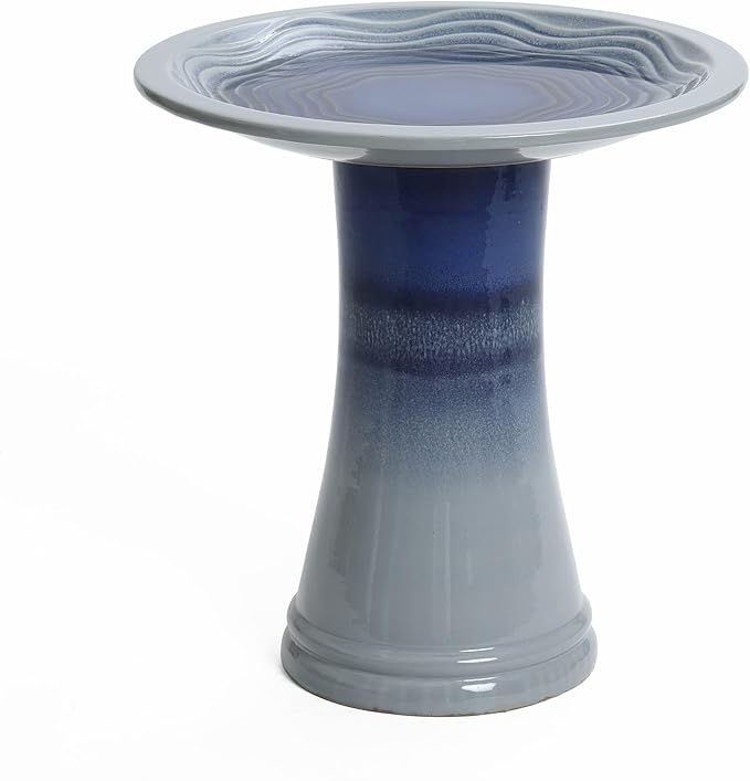 LuxenHome 18 Inch Ceramic Bird Bath for Outside, Elegant Tall Outdoor Bird Bath, Lightweight Pedestal Glazed Birdbaths for Outdoors with Swirl Pattern, Ombre Blue