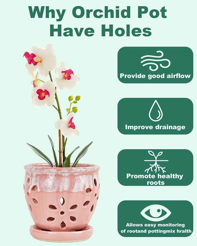 vensovo 5 Inch Ceramic Orchid Pots with Holes and Saucers - 1 Pcs Small Succulent Pot for Repotting, Garden Flowerpots for Plants Indoor and Outdoor Promotes Air Circulation, Pink