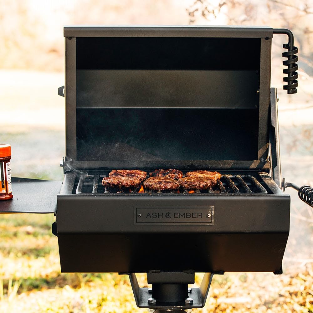 Ash & Ember Park-Style Grill/Smoker, 260 Sq In Charcoal Grill with Cover, 17.5"x11.5" Grate, Side Shelf for Food Prep, Single Post Permanent Park-Style Grill for Outdoor Backyard BBQ