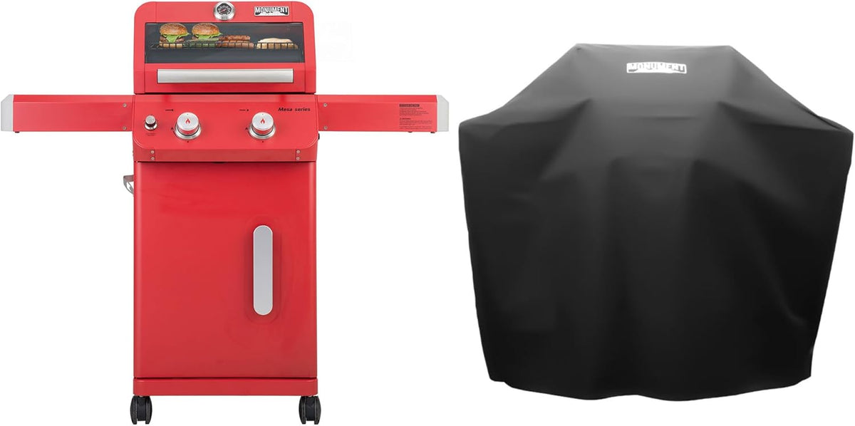 Monument Grills 2-Burner Stainless Steel Liquid Propane Gas Patio Garden Barbecue Grill with Clearview® Lid, Knob Control and Two Foldable Shelves Mesa200R with BBQ Cover, Red