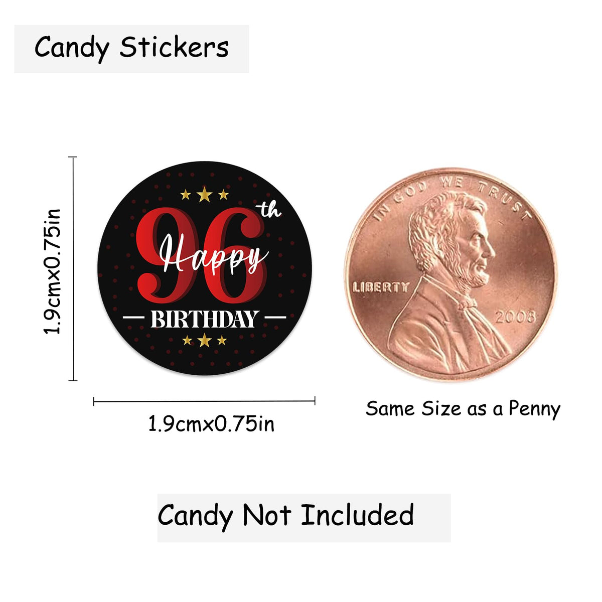 Happy 96th Birthday Party Favor Labels Chocolate Candy Stickers - 96 Years Old Birthday Round Candy Sticker Party Favors - Black and Red - 150