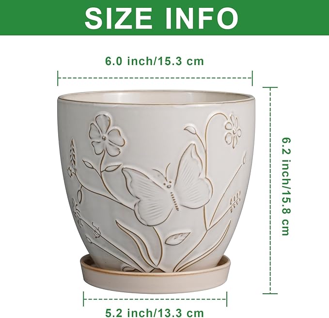 6 Inch Ceramic Plant Pot for Indoor Plants Outdoor Round Planter Flower Pot with Drainage Hole and Saucer for Home Garden Office Decor White