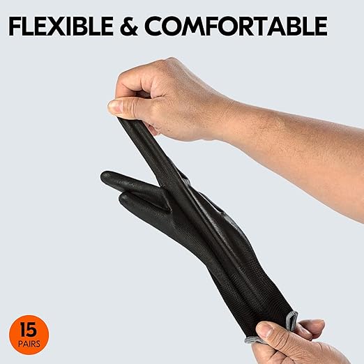 Vgo... 15-Pairs Safety Work Gloves, Gardening Gloves, Polyurethane Coated, Dipping Gloves, Latex Free (Size M, Black, PU2103)