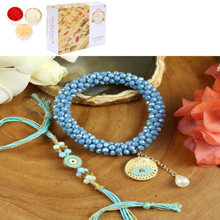 Ghasitaram Gifts Jaiccha Rakhi for Brother Rakhis Online - BRS25-024-Hand Woven Crystal Evil Eye Bracelet Bhaiya Bhabhi Rakhis with 200 gms of Soan