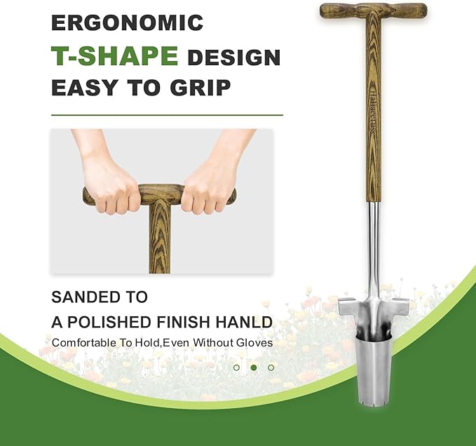 Long Handled Bulb Planter Tool, 37'' Bend-Proof Stainless Steel Bulb Planter, 4'' Depth Marks Long Handled Hole Digger, Bulb Planter with Comfortable T-Shaped Long Wood Handle for Planting Tulips