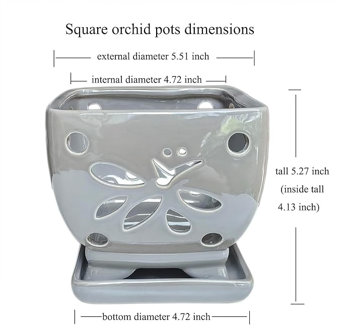 Orchid Pots with Holes Square Ceramic Orchid Planter Pots 5.5 inch (Gray)