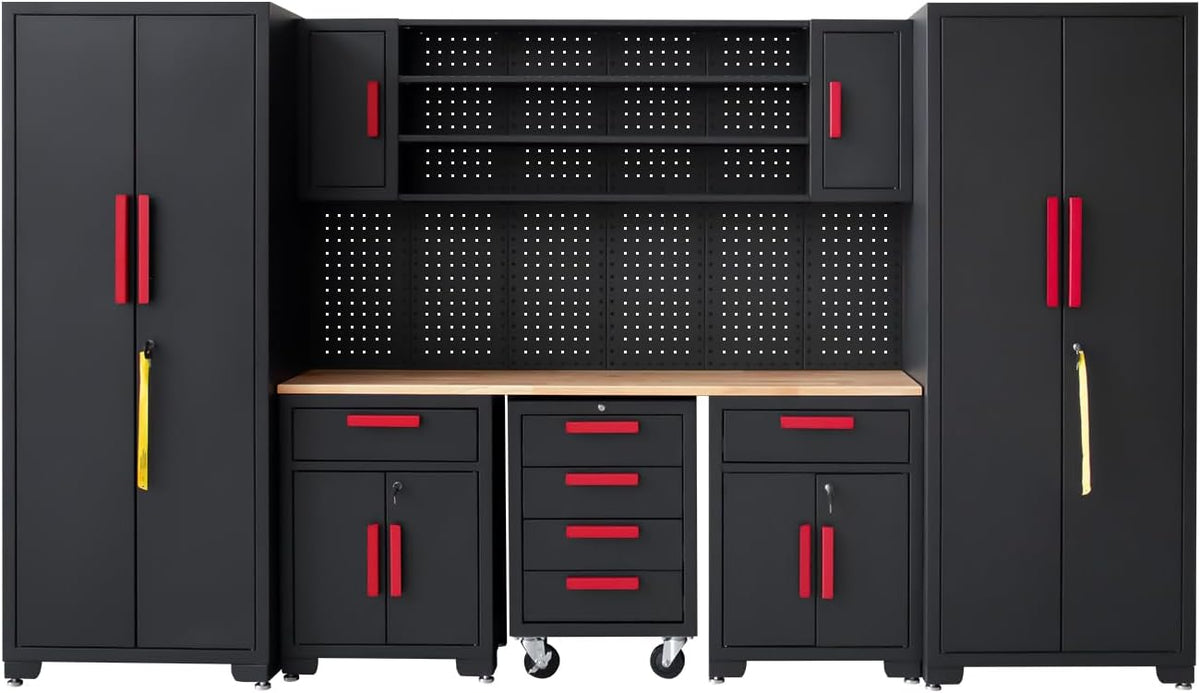 Garage Cabinet Storage System - 9-Piece Workshop Set w/Steel Cabinets & Workbench Includes Rolling Chest & Pegboard | Heavy-Duty Black & Red Tool Organization for Garage/Workshop
