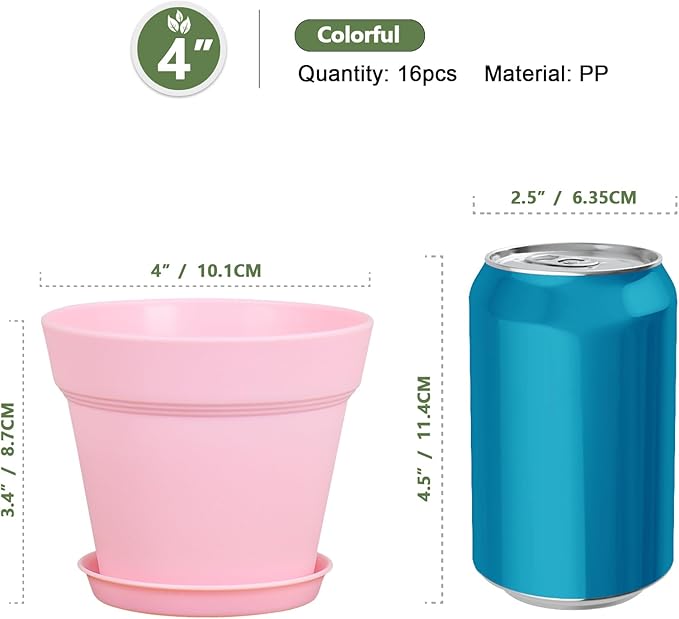 4 inch Small Plastic Nursery Pots,16 Pack Plant Pots for Indoor Outdoor Plants, Flower Pots with Drainage Holes and Saucers, Decorative Seeding Starter Planters for House Plants, Colorful